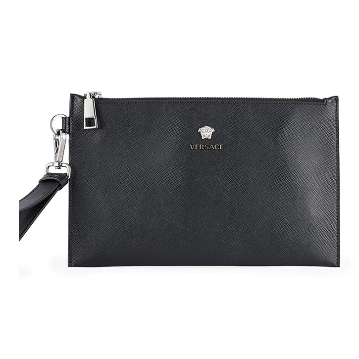 VERSACE Cow Leather Coin Purse Clutch Men's Black-0