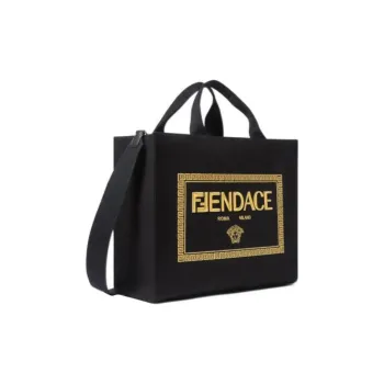 VERSACE X FENDI Collaboration Canvas Tote Bag Shopping Bag Shoulder Bag Handbag Large Size Men's Black
