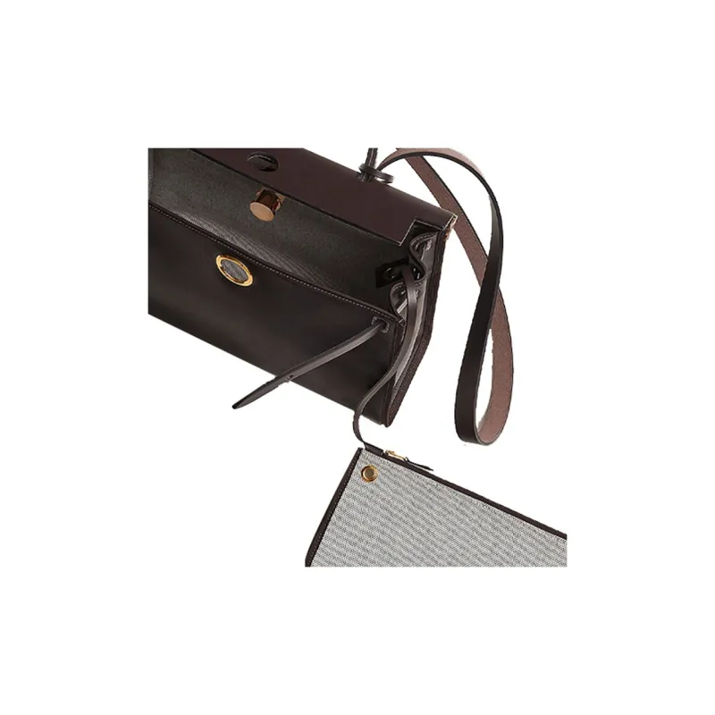 HERMES Herbag Zip Berline Canvas With Hunter Cow Leather Shoulder Bag Crossbody Bag Handbag Unisex Ebony-3