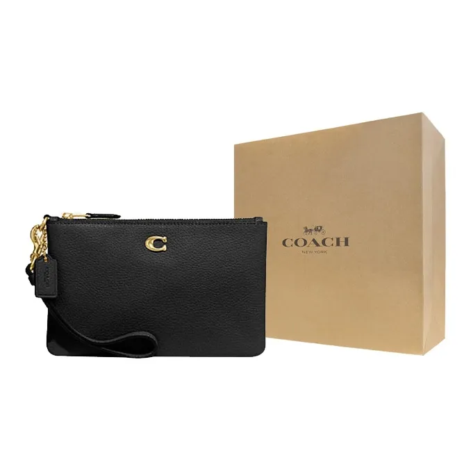 COACH Wristlet Cow Leather Clutch Wrist Bag Trumpets Women's Black-5