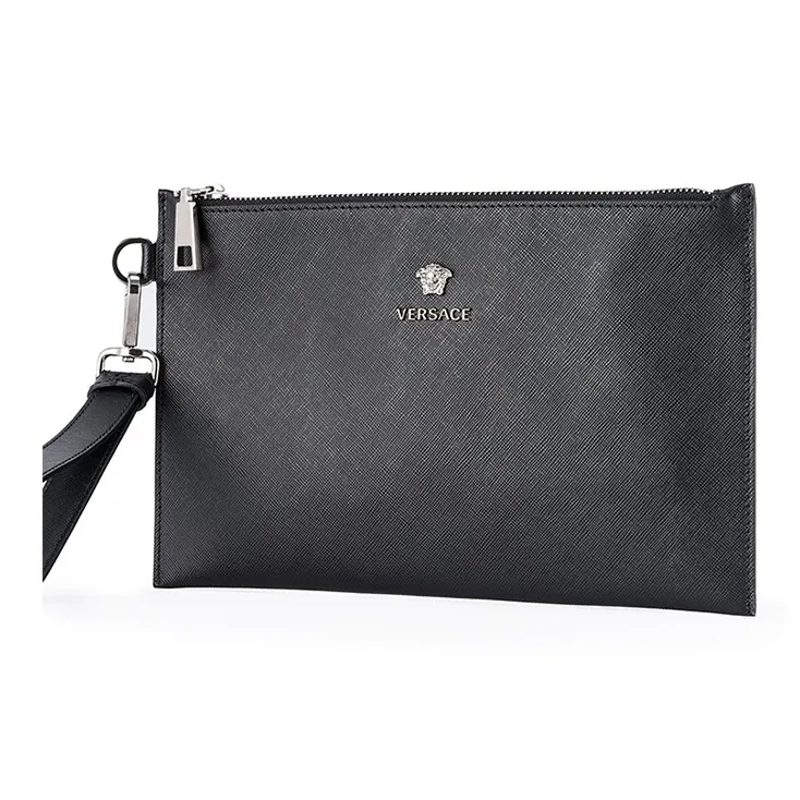VERSACE Cow Leather Coin Purse Clutch Men's Black-1
