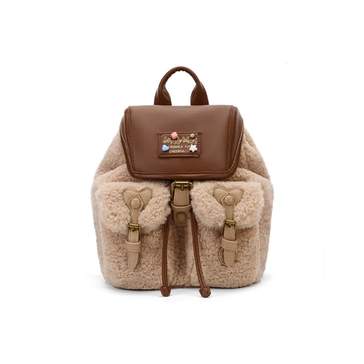 VANWALK Plush Polyester Backpack Regular Women's Cream Puff Milkshake White/Hazelnut Cocoa Brown-3