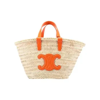 CELINE Triomphe Palm Leaf Cow Leather Patchwork Tote Bag Shopping Bag Basket Handbag Women's Orange