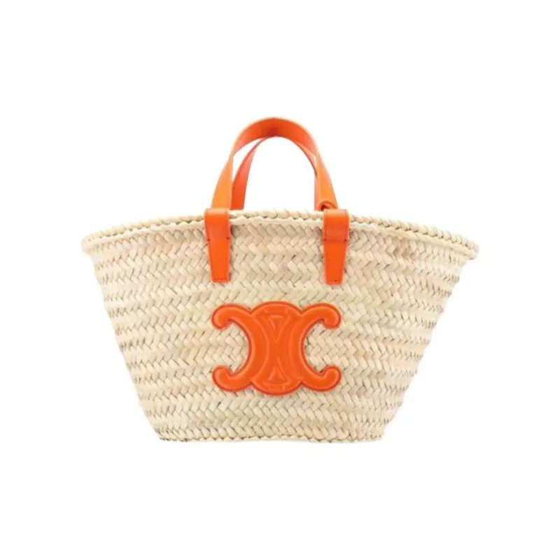 CELINE Triomphe Palm Leaf Cow Leather Patchwork Tote Bag Shopping Bag Basket Handbag Women's Orange-0
