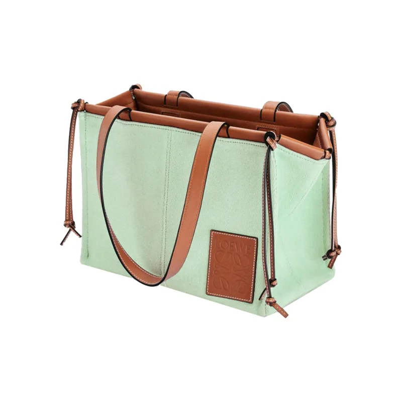 LOEWE Cushion Tote Canvas With Calfskin Tote Bag Shopping Bag Shoulder Bag Handbag Women's Light Green-2