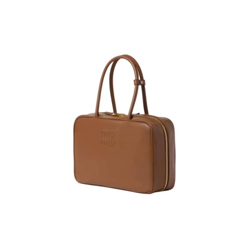 MIU MIU Beau Calfskin Bowling Bag Shoulder Bag Handbag Large Size Women's Cognac-3