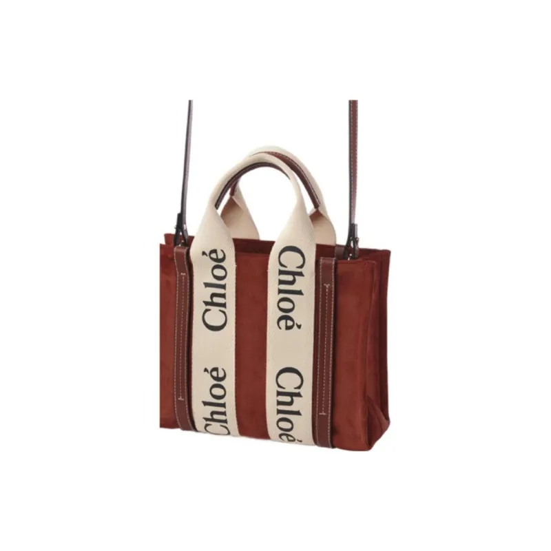 Chloe Woody Suede And Shiny Calfskin Tote Bag Shopping Bag Handbag Small Size Women's Brown-2