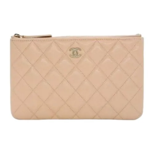 CHANEL Grained Calfskin Card Holder Wallet Clutches Women's Beige