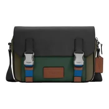 COACH Track Leather Messenger Bag, Shoulder Bag, Crossbody Bag Regular Men's Black & Jasper & Brown Green