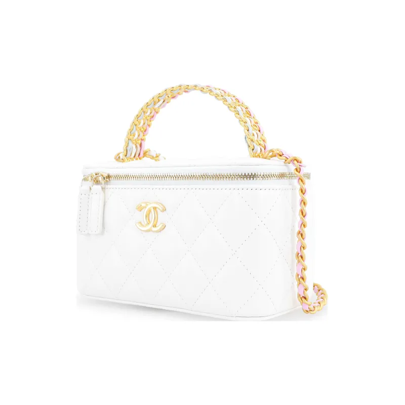 CHANEL 23P SS Leather Chain Box Bag, Makeup Bag, Storage Bag, Handbag, Shoulder Bag, Crossbody Bag Women's White-2