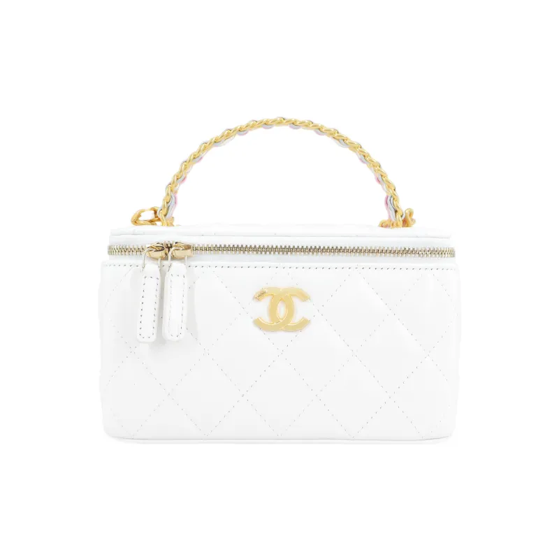 CHANEL 23P SS Leather Chain Box Bag, Makeup Bag, Storage Bag, Handbag, Shoulder Bag, Crossbody Bag Women's White-0