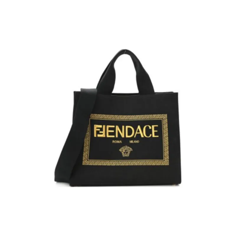 VERSACE X FENDI Collaboration Canvas Tote Bag Shopping Bag Shoulder Bag Handbag Large Size Men's Black-1