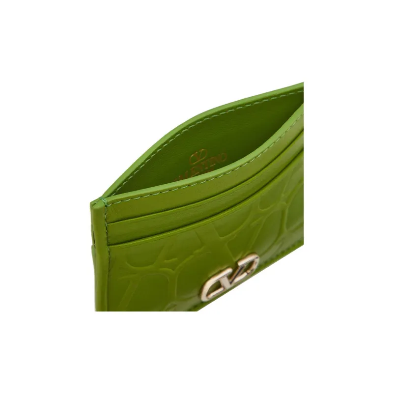 Valentino Vlogo Calfskin Wallet Coin Purses Card Holders Small Size Women's Green-4