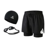 Black Double-Layer Pants+Swim Goggles+Swimming Cap