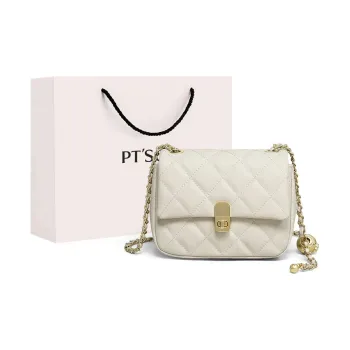 PT'SON Cow Leather Small Square Bag, Chain Bag, Diamond Pattern, Shoulder Bag Women's Black