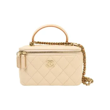 CHANEL Sheepskin Makeup Bag, Handbag, Shoulder Bag, Crossbody Bag Women's Beige/Yellow