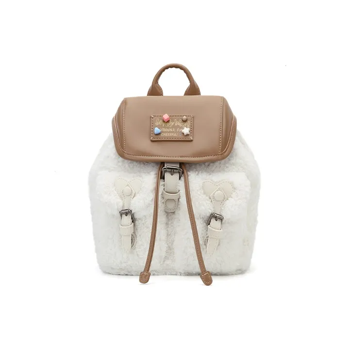 VANWALK Plush Polyester Backpack Regular Women's Cream Puff Milkshake White/Hazelnut Cocoa Brown-0