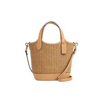 COACH Hanna Straw With Smooth Leather Bucket Bags Shoulder Bag Crossbody Bag Small Size Women's Multi Latte
