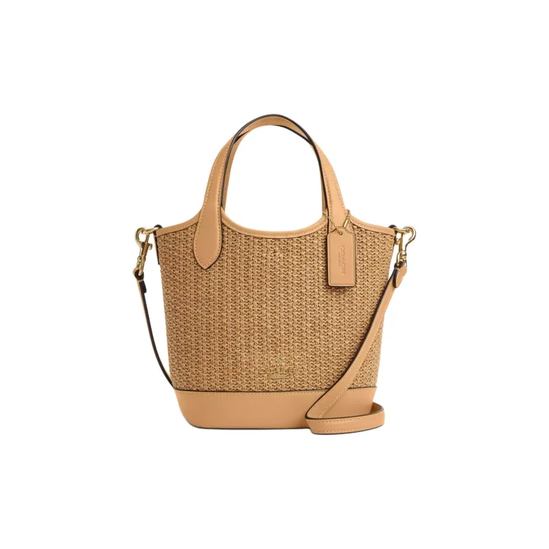 COACH Hanna Straw With Smooth Leather Bucket Bags Shoulder Bag Crossbody Bag Small Size Women's Multi-Latte-0