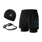 Black Blue Double-Layer Pants+Swimming Cap+Swim Goggles