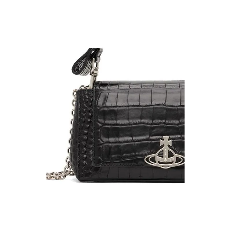 Vivienne Westwood Crocodile Pattern Leather Shoulder Bag, Baguette Bag, Handbag, Shoulder Bag Medium Size Women's Black-4