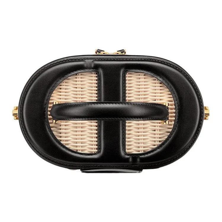 DIOR Wicker With Calfskin Shoulder Bag Crossbody Bag Handbag Makeup Bag Medium Size Women's Natural Color/Black-3