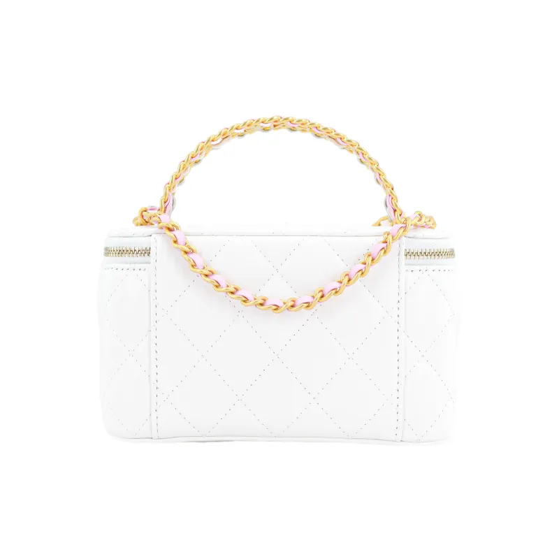 CHANEL 23P SS Leather Chain Box Bag, Makeup Bag, Storage Bag, Handbag, Shoulder Bag, Crossbody Bag Women's White-3