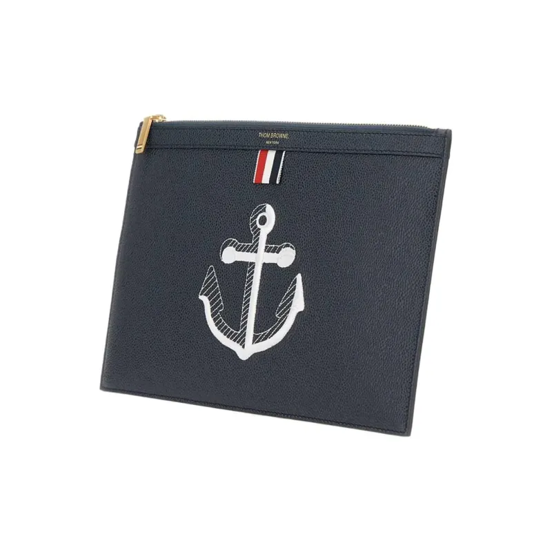 THOM BROWNE· Pebble Pattern Cow Leather Clutch Men's Navy Blue-1