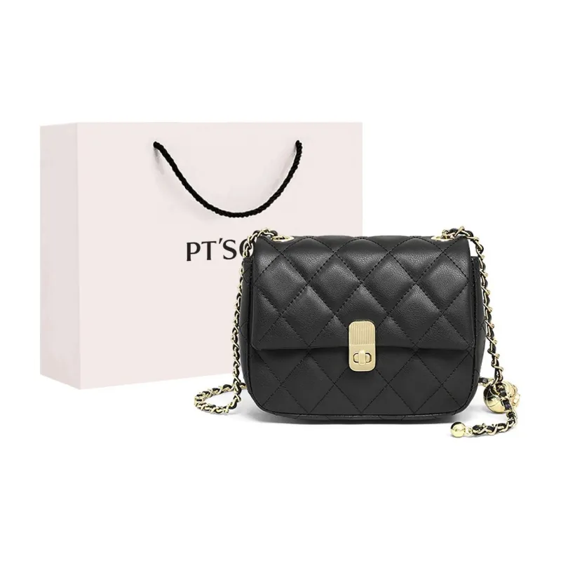 PT'SON Cow Leather Small Square Bag, Chain Bag, Diamond Pattern, Shoulder Bag Women's Black-5