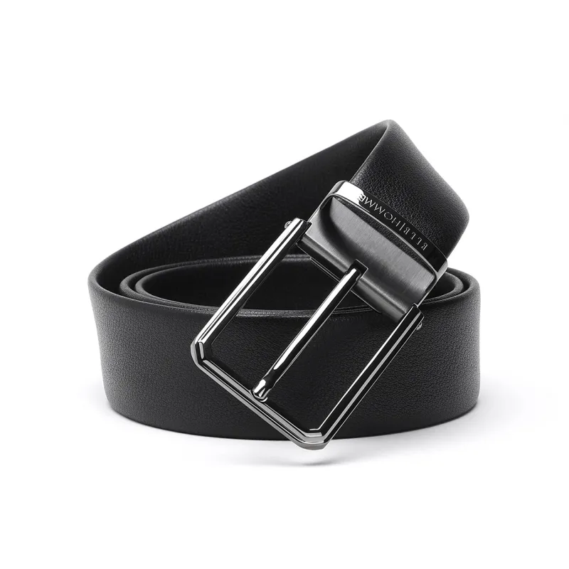 ELLE HOMME Pin Buckle Belt Casual Steel Buckle Top Grain Cow Leather Belts Men's Black Width 3.7cm-8