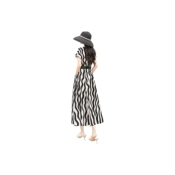 Cypress House Short-Sleeved Dresses Women's Black/Beige With Wave Pattern