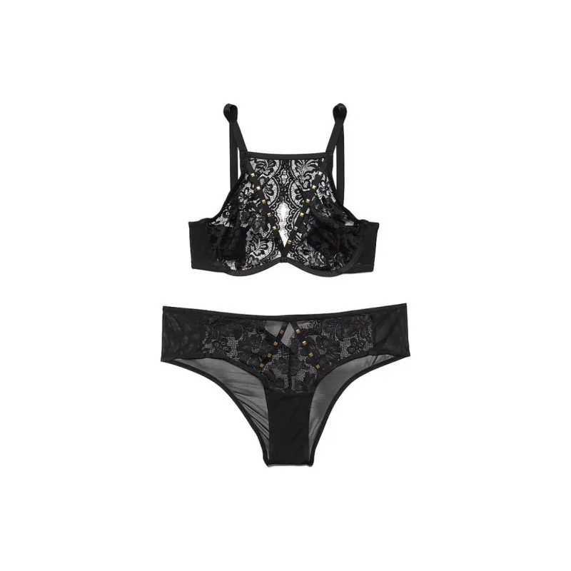 Victoria's Secret PINK Emmeline Plunge Braand Panty Set In/Jet Black Underwear Set Women's Raven-0
