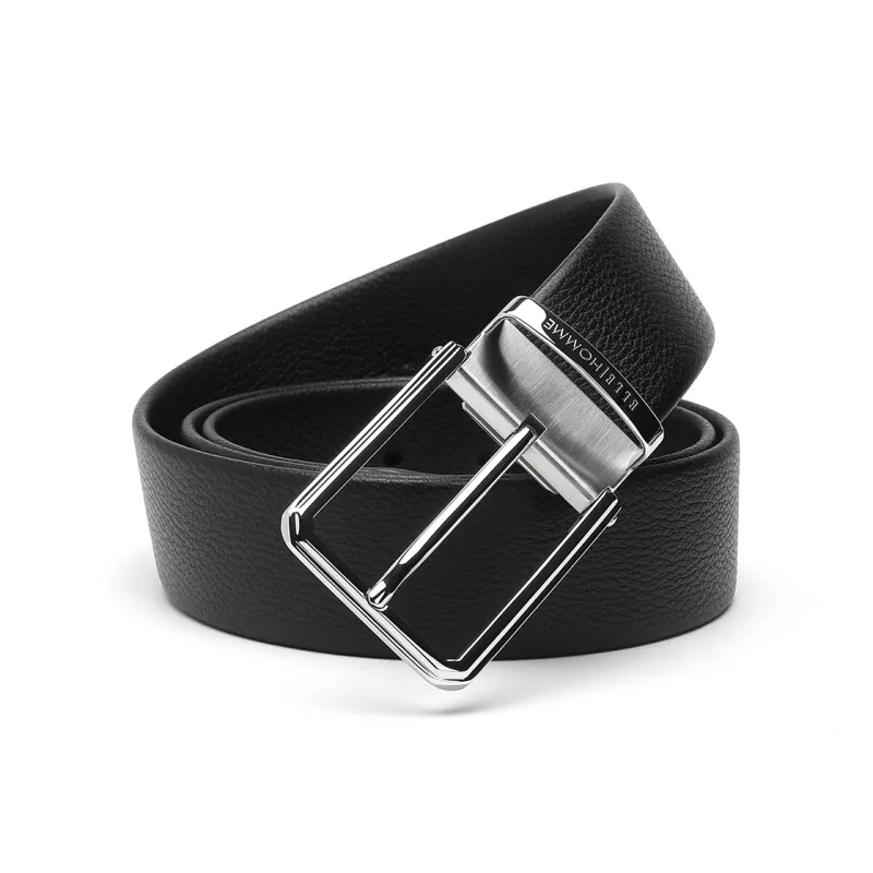 ELLE HOMME Pin Buckle Belt Casual Steel Buckle Top Grain Cow Leather Belts Men's Black Width 3.7cm-0