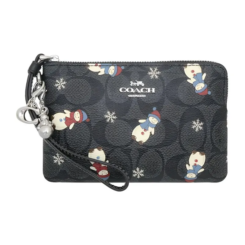 COACH Corner Zip Canvas With Leather Coin Purses Wallets Small Size Women's Black-1