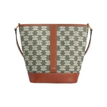 CELINE Triomphe Cow Leather With Fabric Bucket Bags Shoulder Bag Crossbody Bag Small Size Women's Khaki Green/Tawny