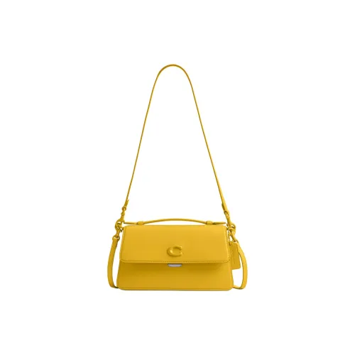 COACH Glove Tanned Leather Portable Crossbody Bag, Shoulder Bag Medium Size Women's Silver & Canary Color