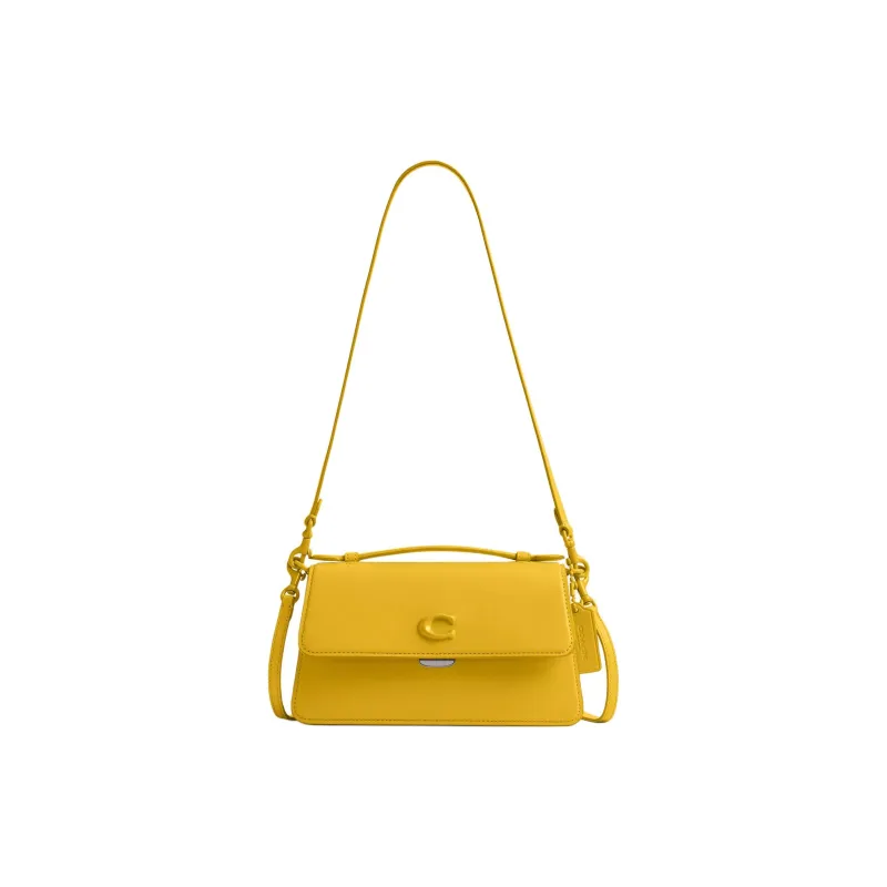 COACH Glove Tanned Leather Portable Crossbody Bag, Shoulder Bag Medium Size Women's Silver & Canary Color-0