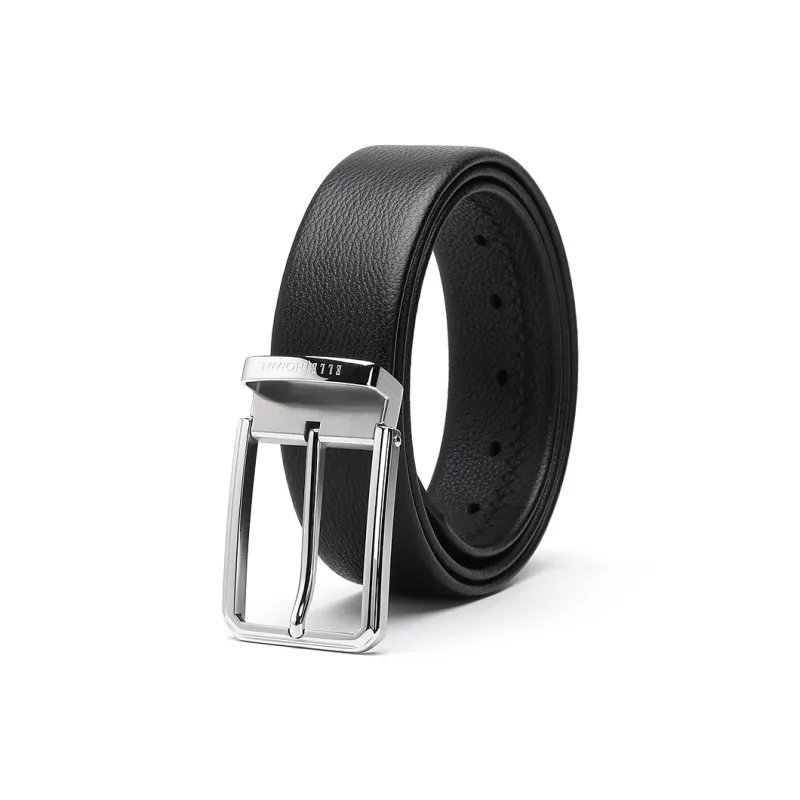 ELLE HOMME Pin Buckle Belt Casual Steel Buckle Top Grain Cow Leather Belts Men's Black Width 3.7cm-1