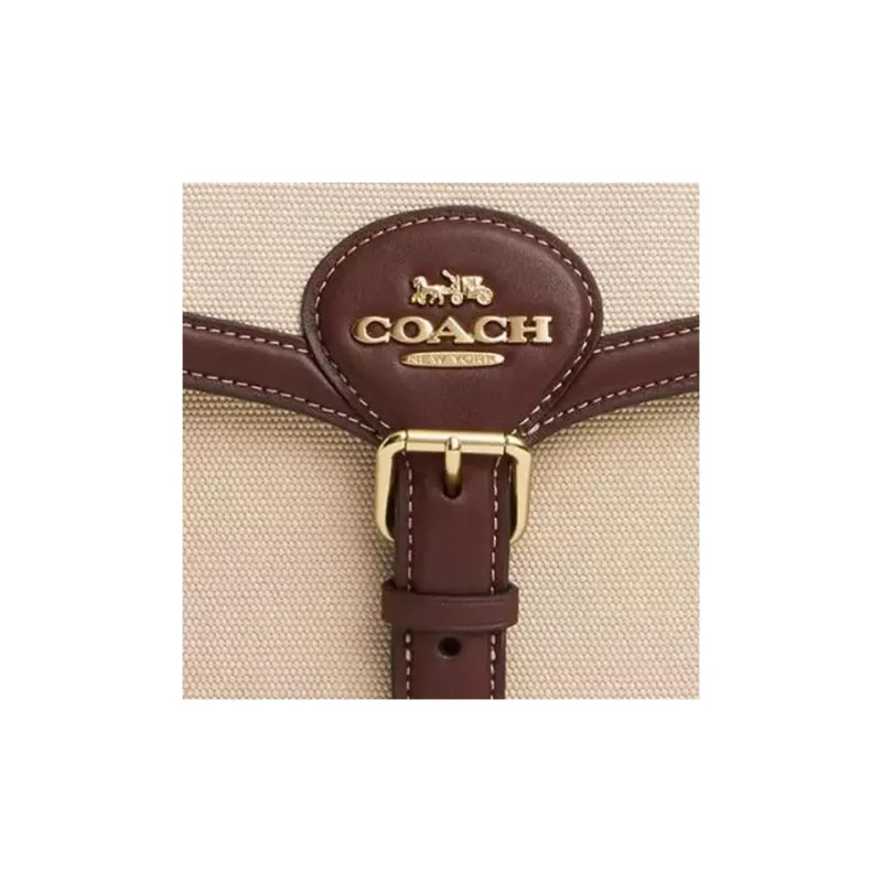 COACH Amelia Canvas Saddle Bag Shoulder Bag Crossbody Bag Medium Size Women's Gold & Natural Multicolor-3
