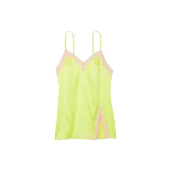 Victoria's Secret Tease Satin Lace-Trim Mini Slip Nightgown Women's Buddha Hand Lemon Yellow