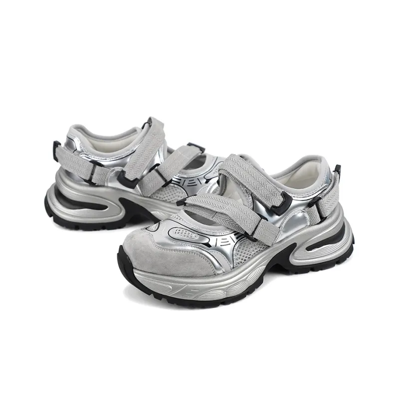 QIAONAI Height Increasing Low Top Chunky Sneakers Women's Silver-3