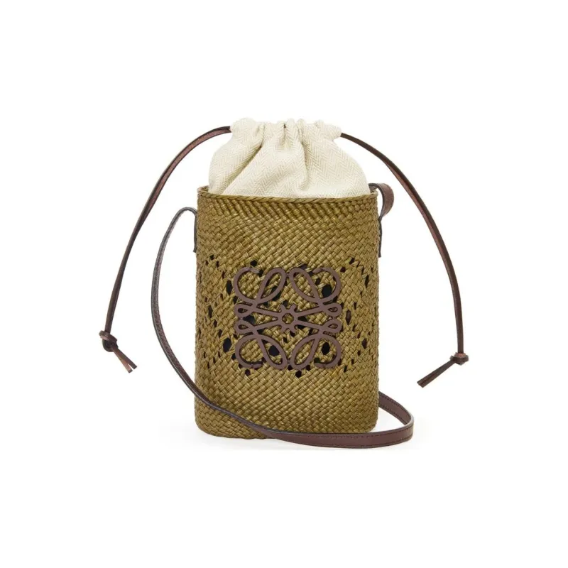 LOEWE Palm Leaf With Calfskin Bucket Bags Crossbody Bag, Shoulder Bag Women's Olive & Chestnut-0