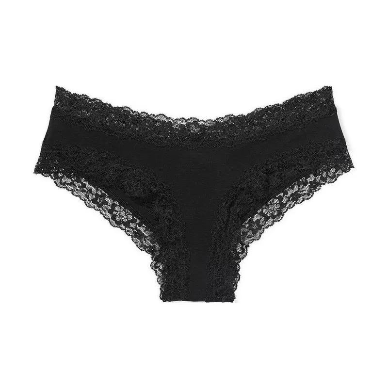 Victoria's Secret PINK THE LACIE Lace-Waist Cotton Cheeky Panty/Black Underpants Women's 1 Pack Black-0