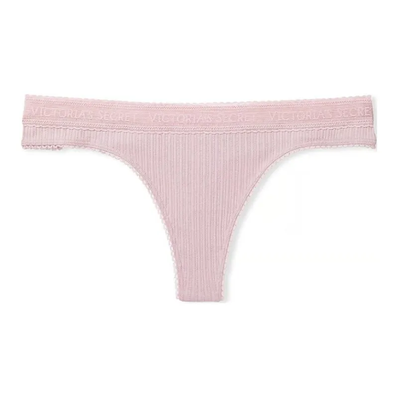 Victoria's Secret PINK COTTON Logo Cotton Lace-Waist Thong Panty /Grey Underpants Women's 1 Pack Gray-0