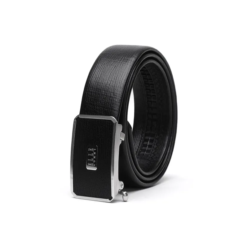 ELLE HOMME Automatic Buckle Fashion Belt With Leather Steel Buckle Top Grain Cow Leather Belts Men's Black Width 3.7cm-1