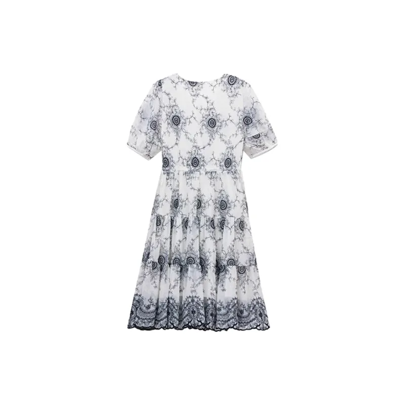 Mapping Short-Sleeved Dresses Women's White Base Black Floral-1