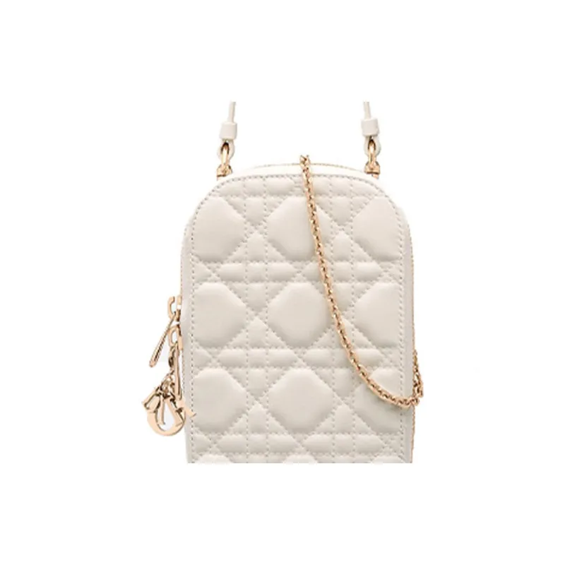 DIOR Lady Dior Lambskin Handbag Shoulder Bag Crossbody Bag Cell Phone Pouch Women's White-4