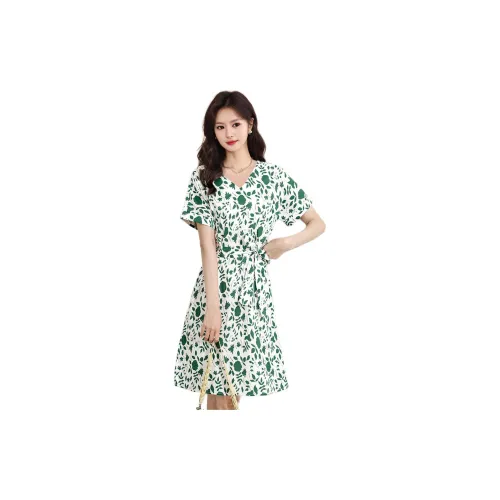 Wbwq Short-Sleeved Dresses Women's White/Green Floral Pattern