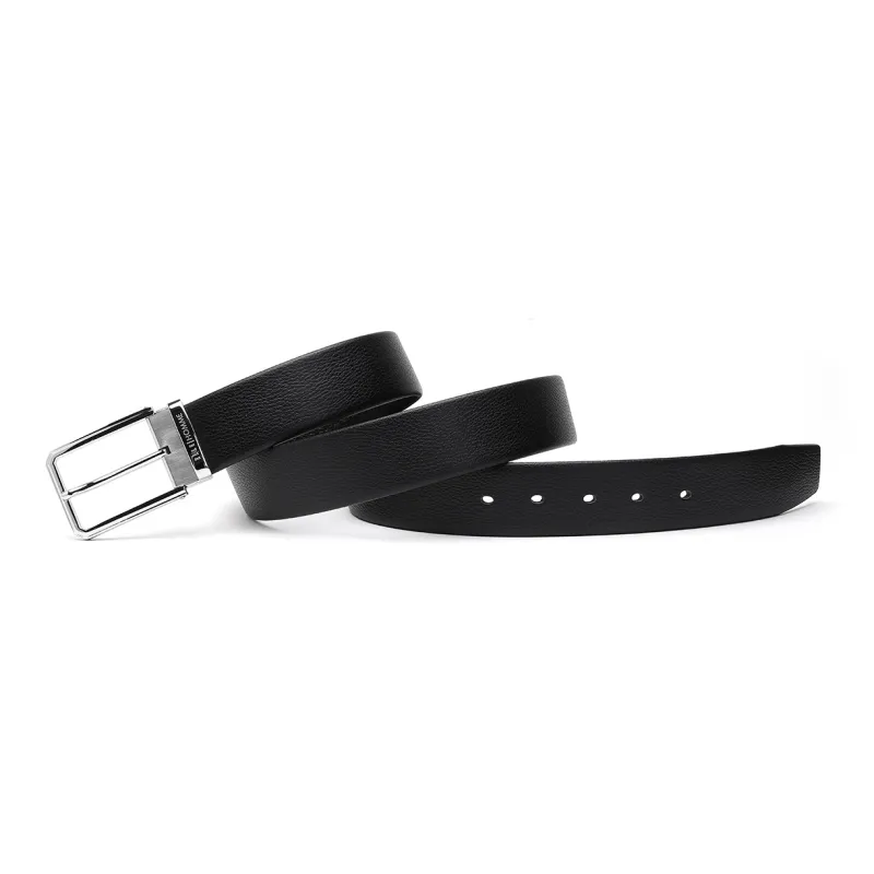 ELLE HOMME Pin Buckle Belt Casual Steel Buckle Top Grain Cow Leather Belts Men's Black Width 3.7cm-2