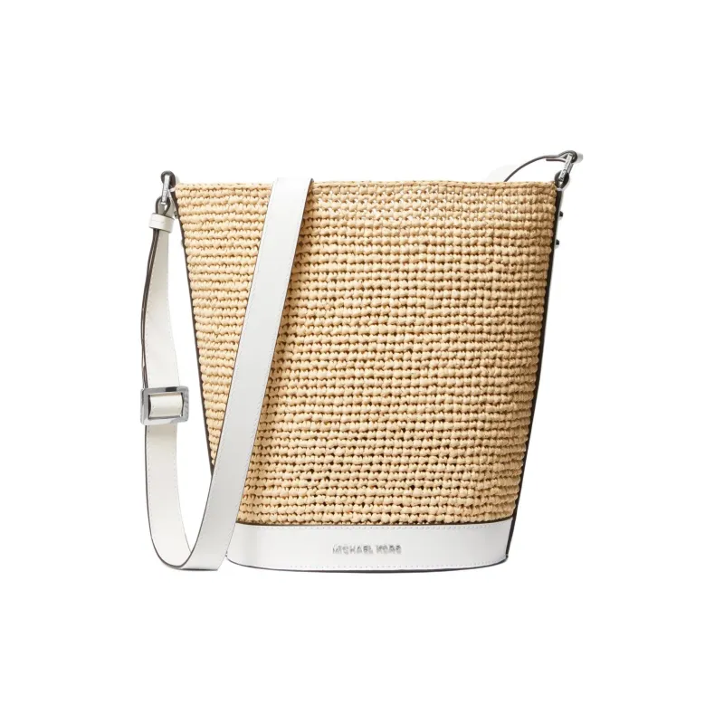 MICHAEL KORS Fabric+Artificial Leather Bucket Bag, Shoulder Bag, Crossbody Bag Medium Size Women's Natural & White-0